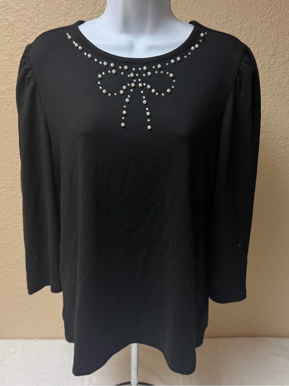 4/$20 89th & Madison Black Long-Sleeve Crewneck Top with Pearl Stud Bow